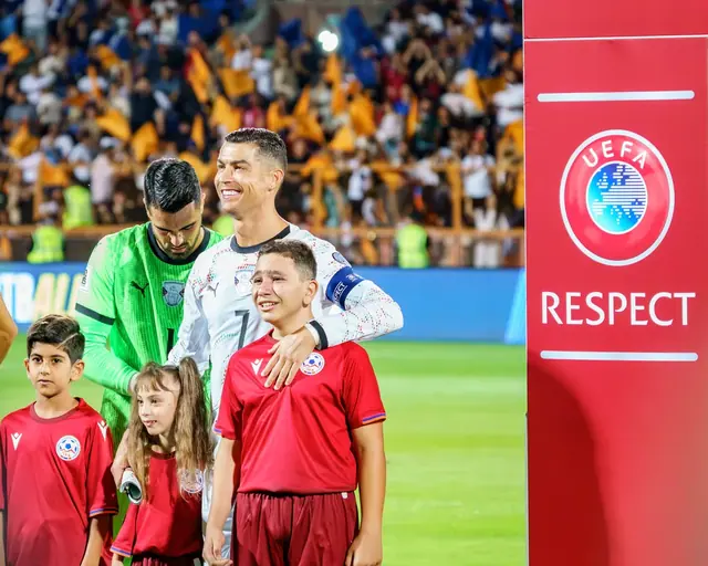 Armenia versus Portugal, national anthem line-up with mascot children and Cristiano Ronaldo