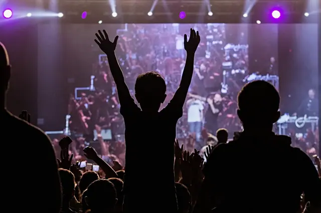 Silhouetted hands raised at an open-air concert